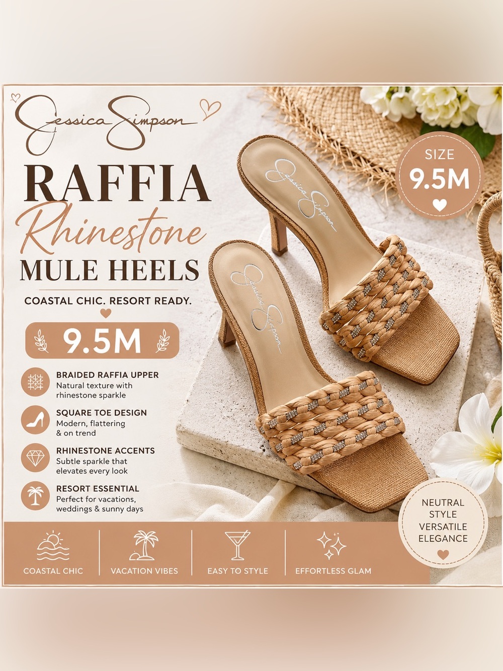 Jessica Simpson Raffia Rhinestone Mule Heels 9.5M